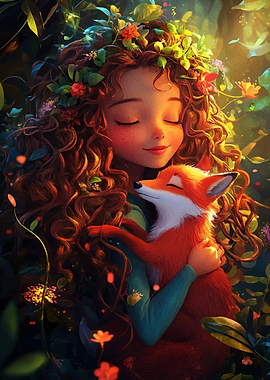 Girl and Fox in Forest