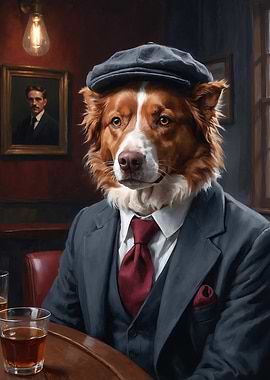 Red Border Collie Dog in Suit at the Pub