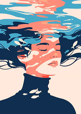 Woman Underwater Aquatic Scenery Surreal Abstract Minimalist Art Illustration