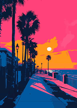 California Sunset Beach Promenade Retro Minimalist Art