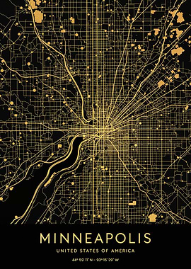 Minneapolis City Map With Golden Grid Lines