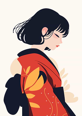 Minimalist Kimono Girl Boho Art Illustration