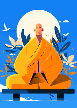 Zen Monk in Meditation Minimalist Art Illustration