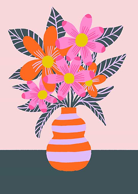 Colorful Floral Bouquet in Striped Vase