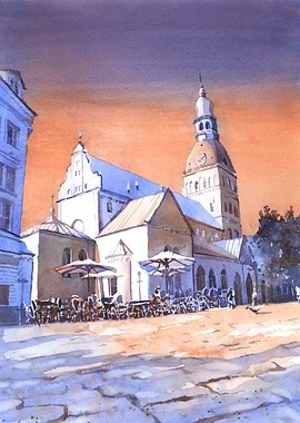 Watercolor Cityscape with Cathedral Riga Latvia