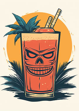 Skull Cocktail Drink Poster | Tropical Horror Art Print - Skull Cocktail Illustration