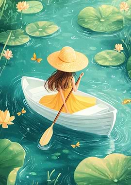 Girl Rowing on a Pond