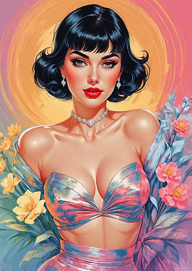 Brunette Pin-up Girl with Flowers