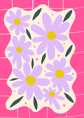 Purple Flowers on Pink Grid