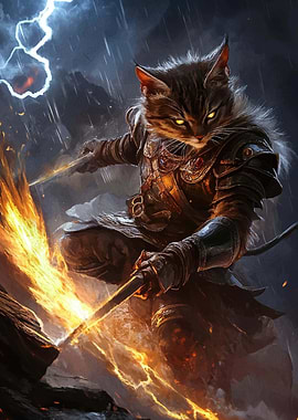 Cat Warrior with Flaming Sword