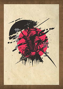 Samurai Warrior Poster – Japanese Ink Art with Red Sun and Katana | Minimal Japan Wall Art