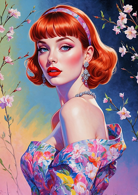 Redhead Pin-Up in Floral Dress
