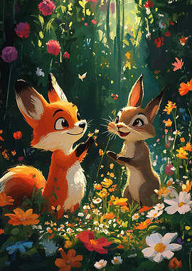 Fox and Rabbit in a Meadow