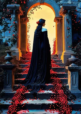 Woman in Black Robe at Archway