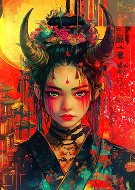 Demon Girl with Horns Japanese Art