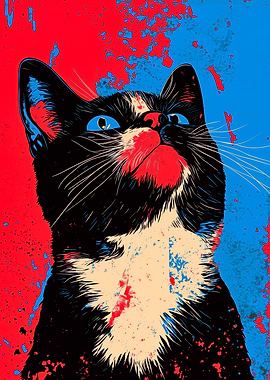 Cat Portrait in Red and Blue