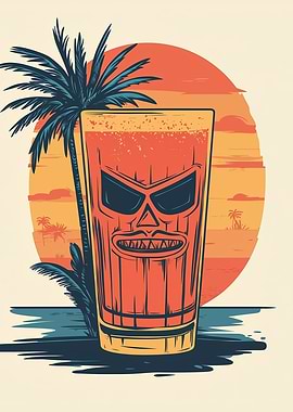 Tiki Skull Cocktail | Sunset Horror Drink Art - Tiki Drink Sunset