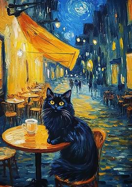 Black Cat at Night Cafe