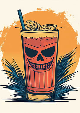 Skull Cocktail with Citrus Ice | Tropical Horror Drink Art - Skull Cocktail Illustration