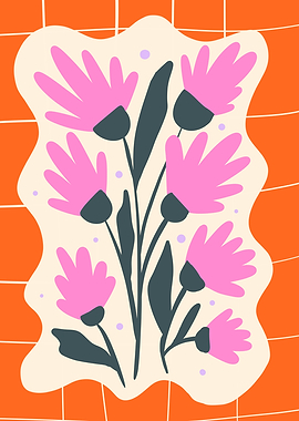 Pink Flowers on Orange Grid
