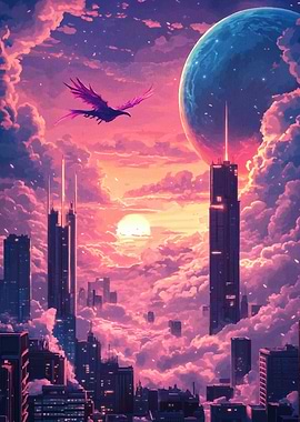 Fantasy Cityscape with Flying Bird