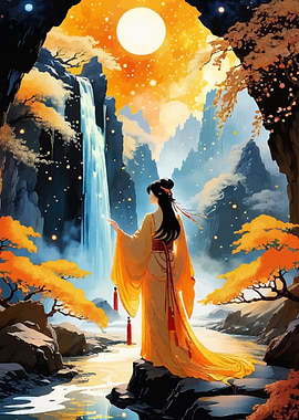 Woman by Waterfall in Fantasy Landscape