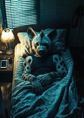 Hyena Sleeping in Bed
