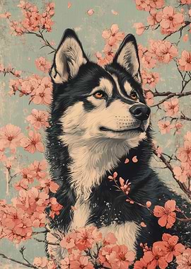 Husky in Cherry Blossoms | Husky Dog Cherry Blossom Floral Art