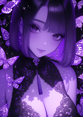 Purple Anime Girl with Butterflies