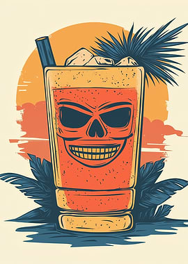 Tropical Skull Chill | Icy Sunset Cocktail - Skull Cocktail Illustration