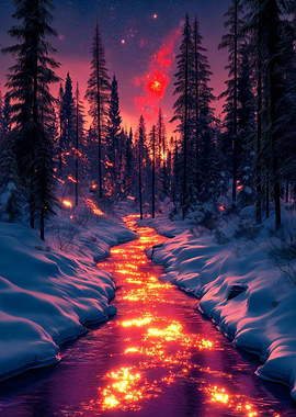 Fire River in Winter Forest