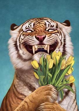 Smiling Tiger with Tulips