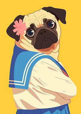 Cute Funny Anime Pug in Uniform Minimalist Art