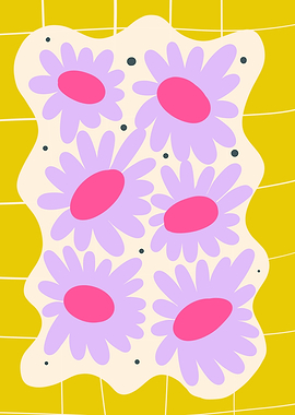 Purple Flowers on Yellow Grid