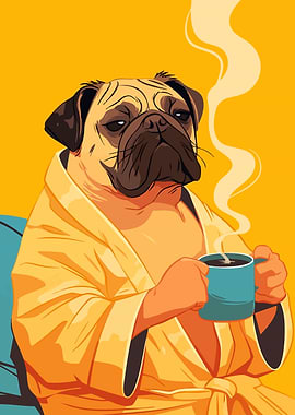 Funny Pug in a Robe with Coffee Cute Animal Art
