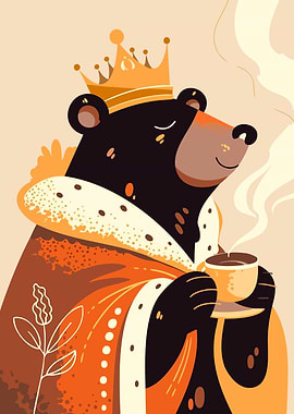 King Bear with Coffee Cute Minimalist Animal Art