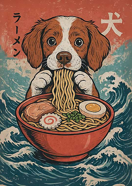 Brittany Spaniel Eating Ramen