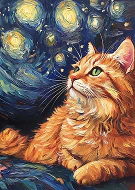 Cat Under Starry Night