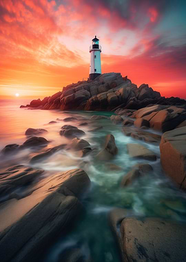 Lighthouse at Sunset Seascape Landscape