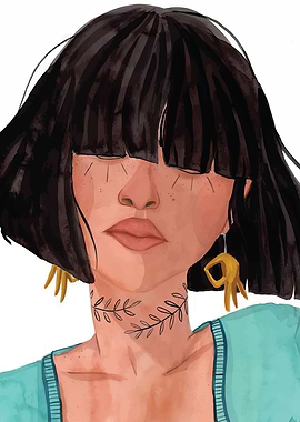 Woman with Black Hair and Gold Earrings