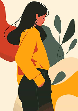 Woman in Yellow Sweater Minimalist Nature Boho Art