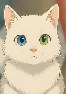 Anime-Style White Cat with Heterochromia