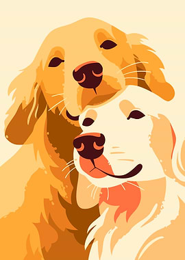 Cute Golden Retrievers Pair Minimalist Art Illustration