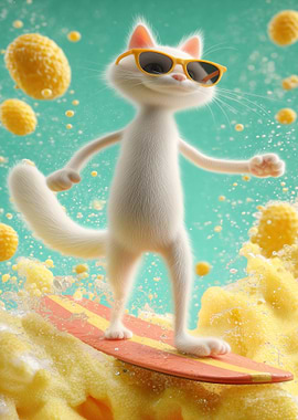 Cat Surfing on Yellow Foam