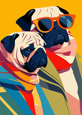 Fashion Pug Duo Minimalist Art Illustration