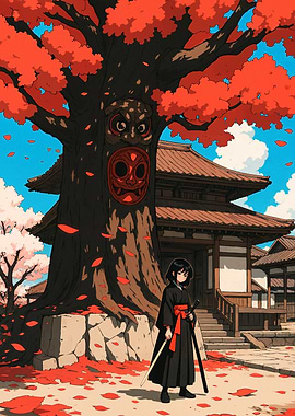 Samurai Girl Under Cherry Tree