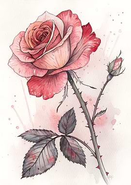 Rose Flower Ink Watercolor Painting Elegant Floral Art