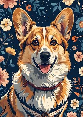 Welsh Corgi Portrait with Flowers