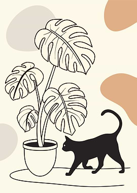 Black Cat and Monstera Plant