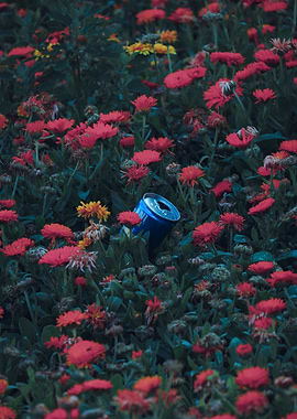Blue Can in Flower Field